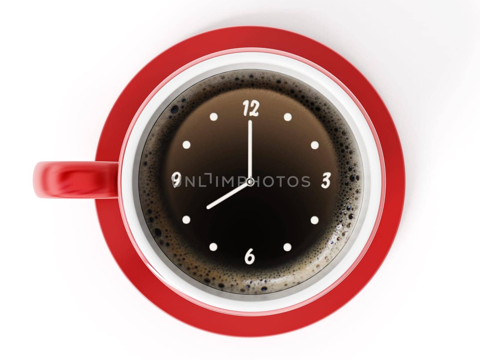 Clock pointing 8 o'clock on red coffe cup.