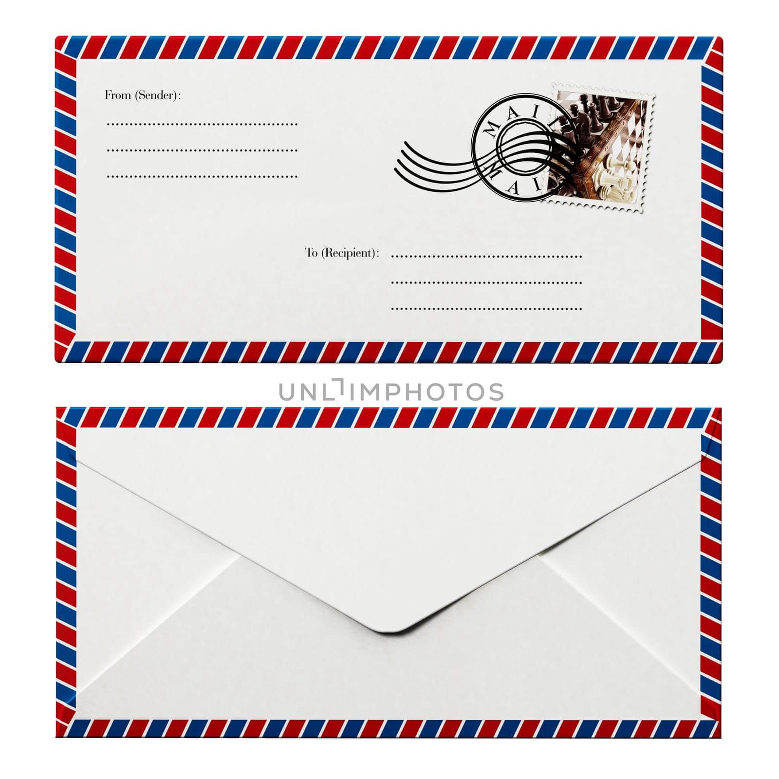 Enveloppe front and back design isolated on white background