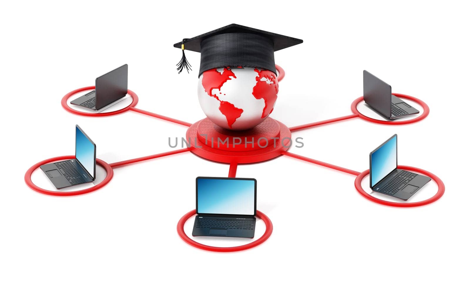 E-learning network. Laptop computer connected to the globe with a graduation cap at the the center point.
