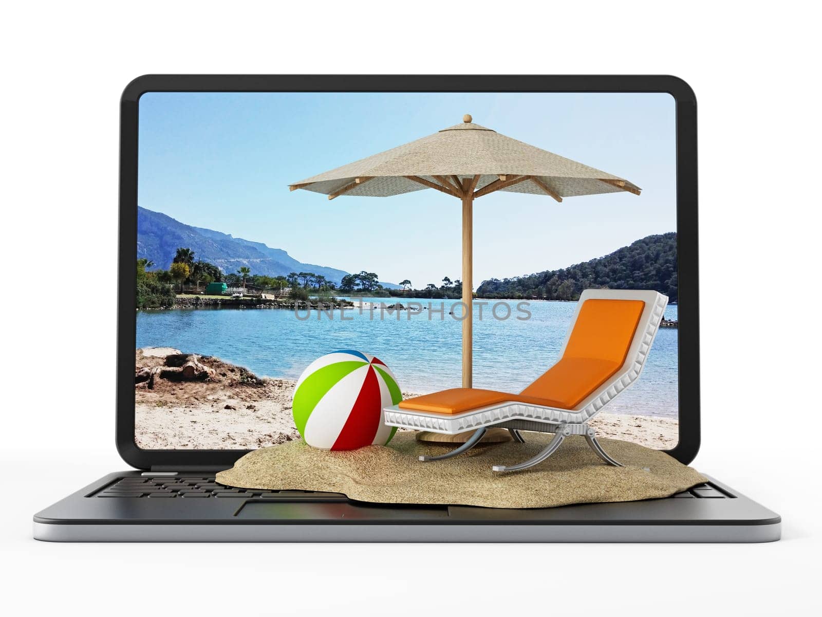 Sand, ball, sunshade and sunbed on laptop keyboard