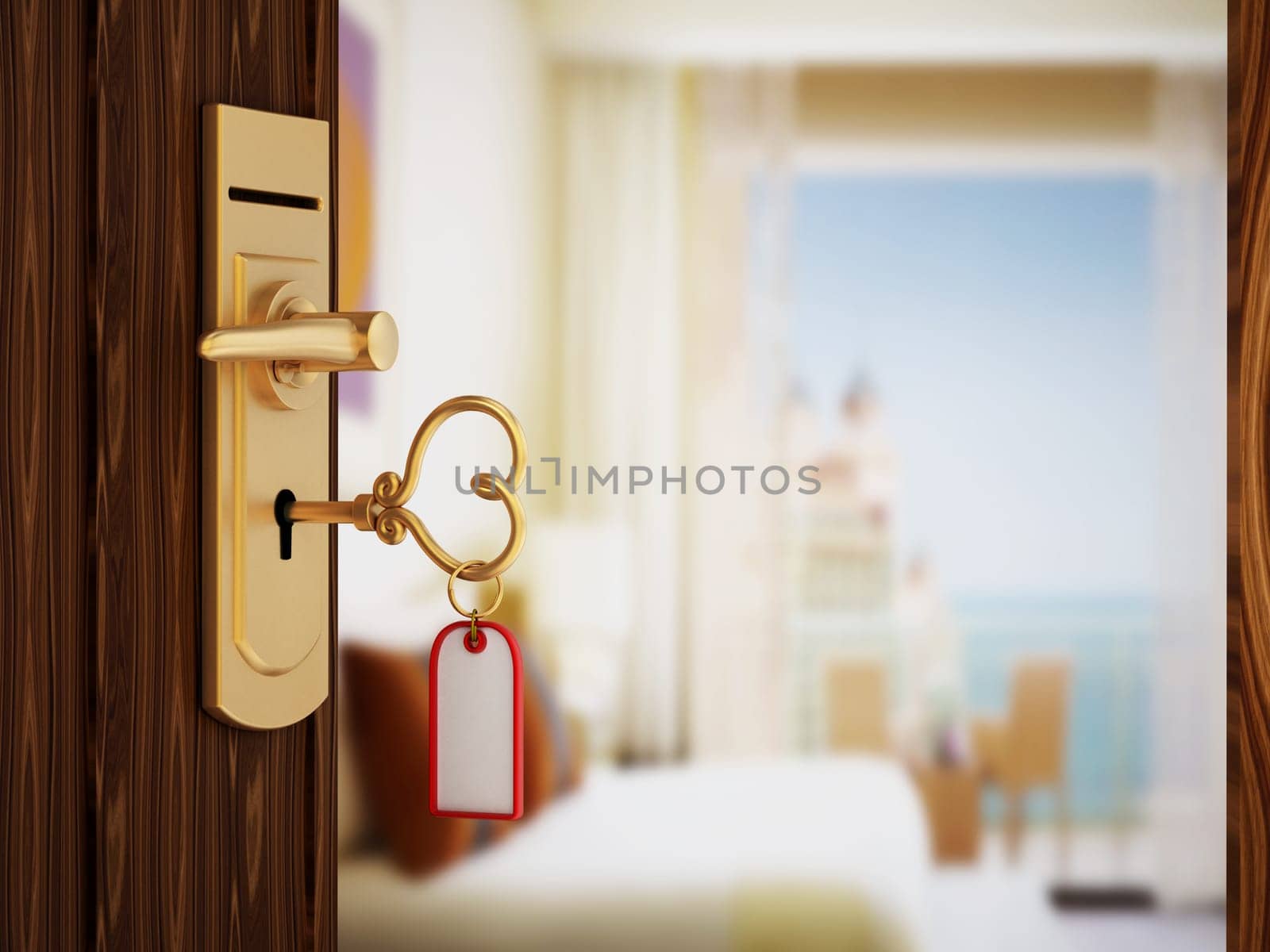 Heart shaped hotel room key on the door