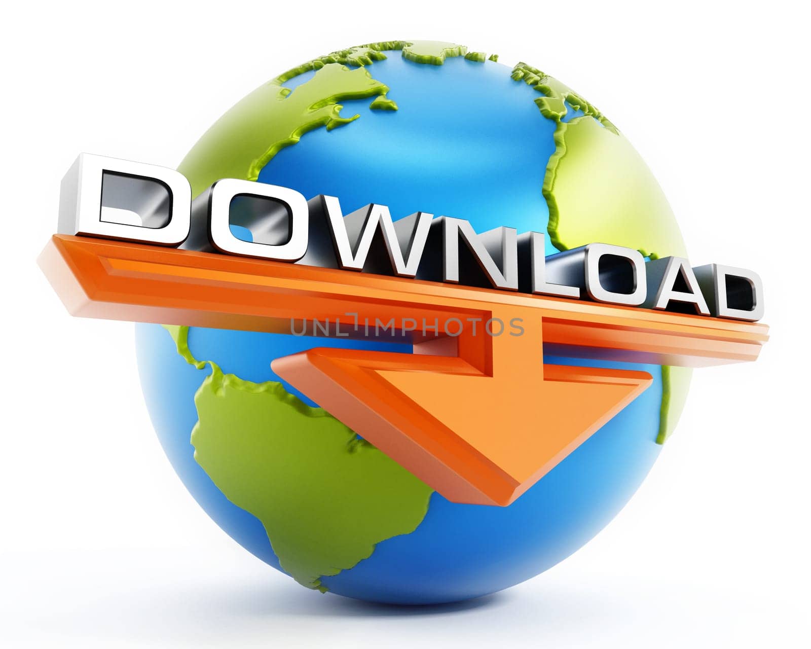 Download text and arrow in front of the globe isolated on white background