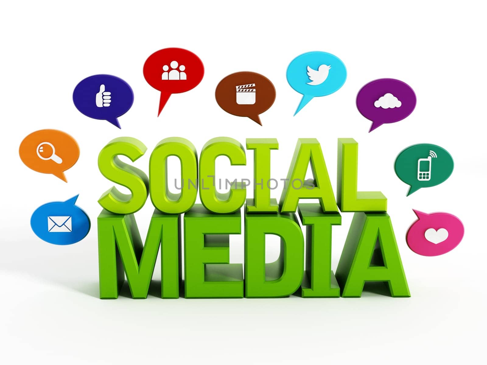 Social media text and icons on speech balloons isolated on white background