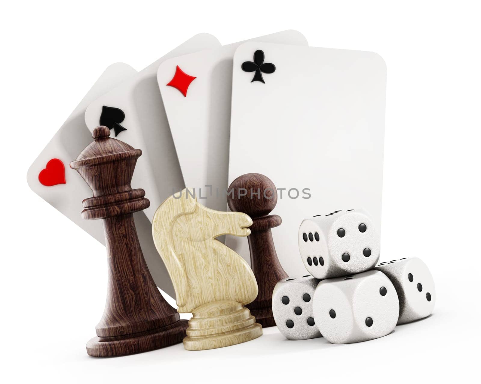 Playing cards set, dice and chess pieces isolated on white background