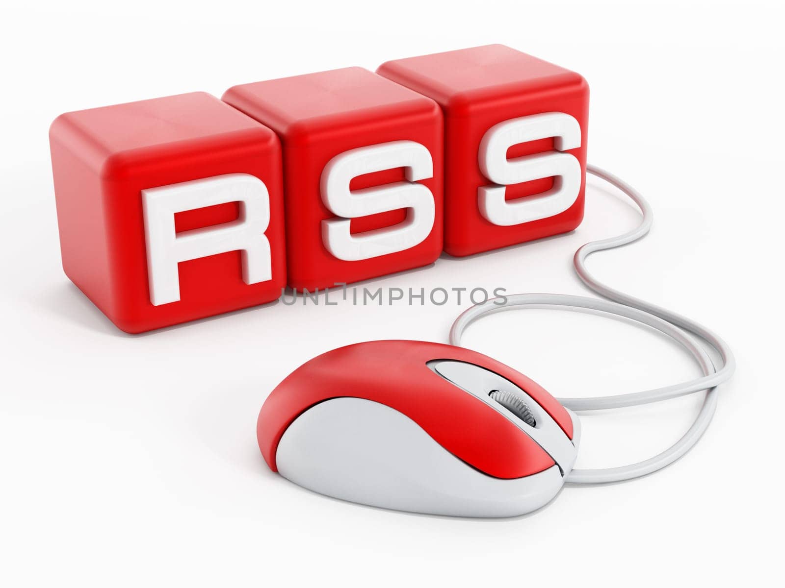Red cubes with RSS letters connected to computer mouse isolated on white background