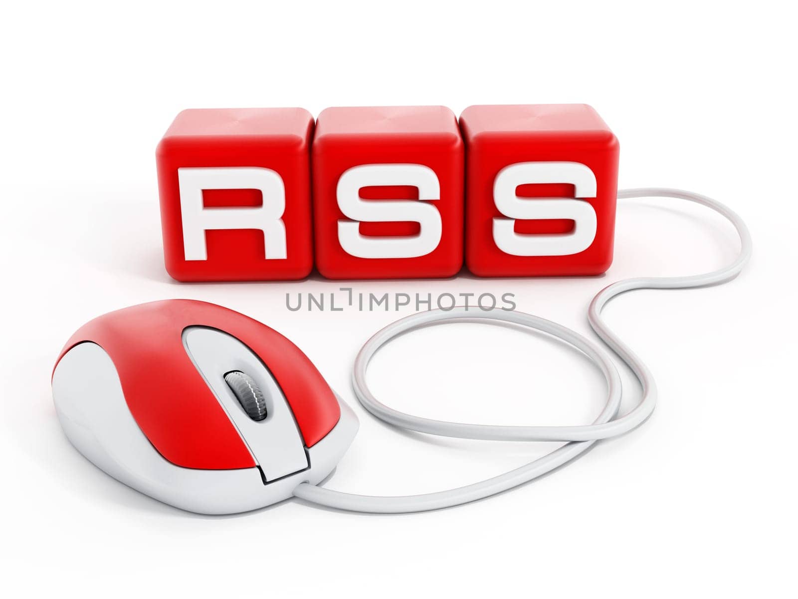 Red cubes with RSS letters connected to computer mouse isolated on white background