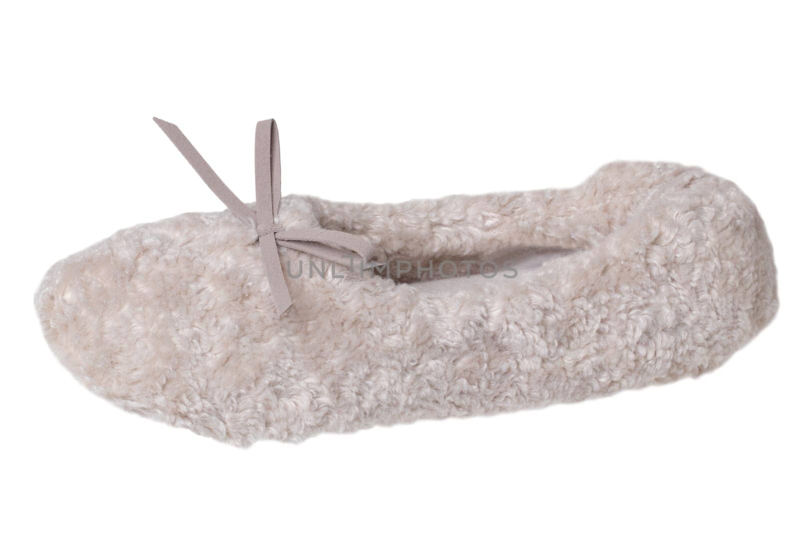 Slippers isolated. Close-up of a single of female pink warm and soft cosy terry slippers isolated on white background.  Womans shoes.