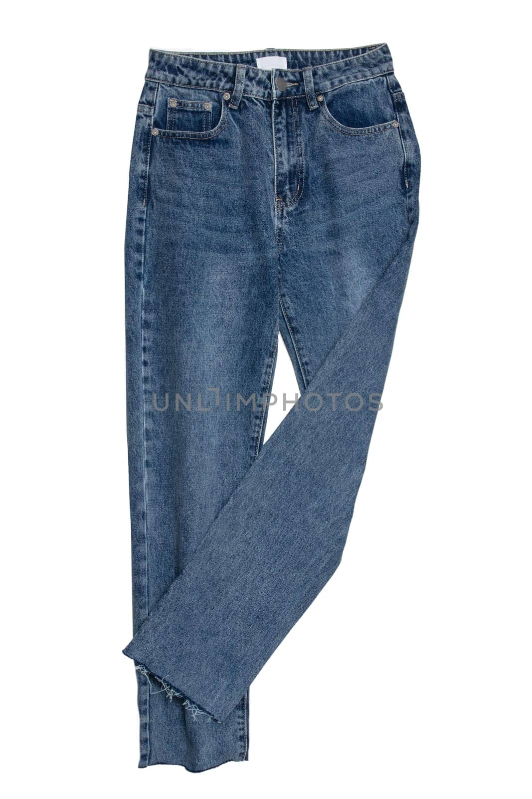 Jeans isolated. Trendy stylish blue denim pants or trousers isolated on a white background. Clipping path. Summer and autumn fashion. Front view.