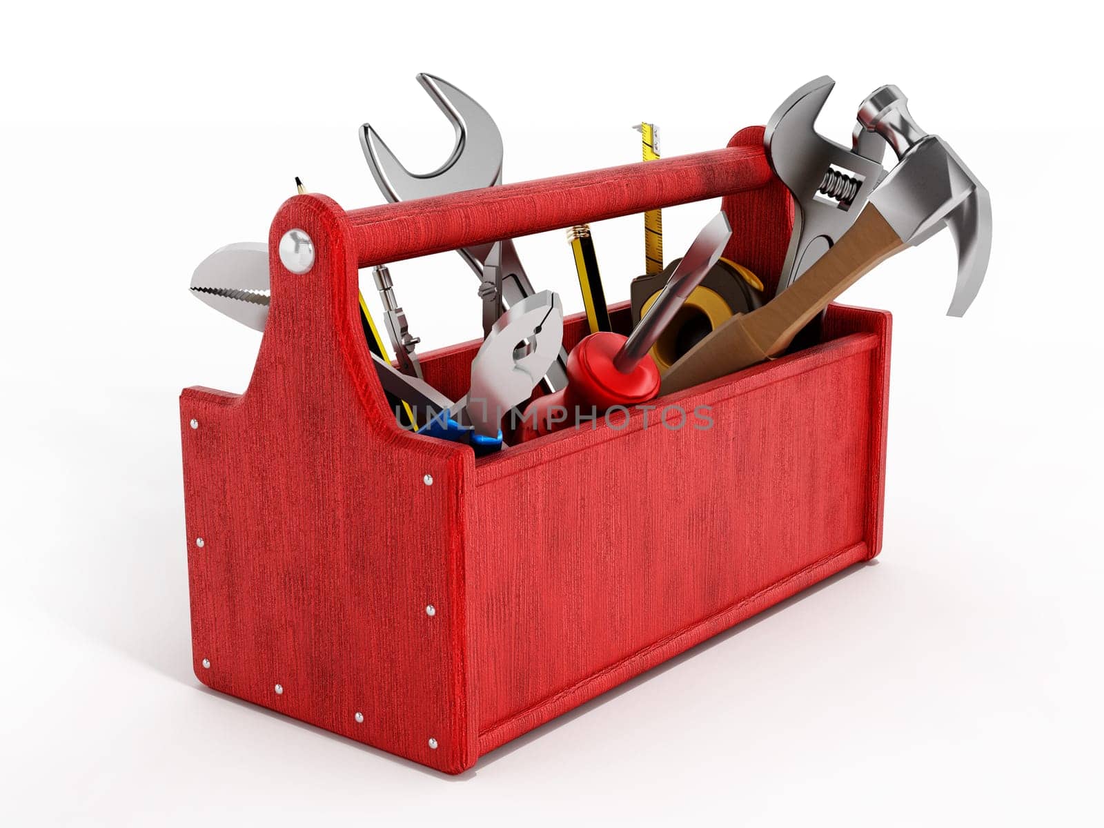 Red toolbox full of hand tools isolated on white background