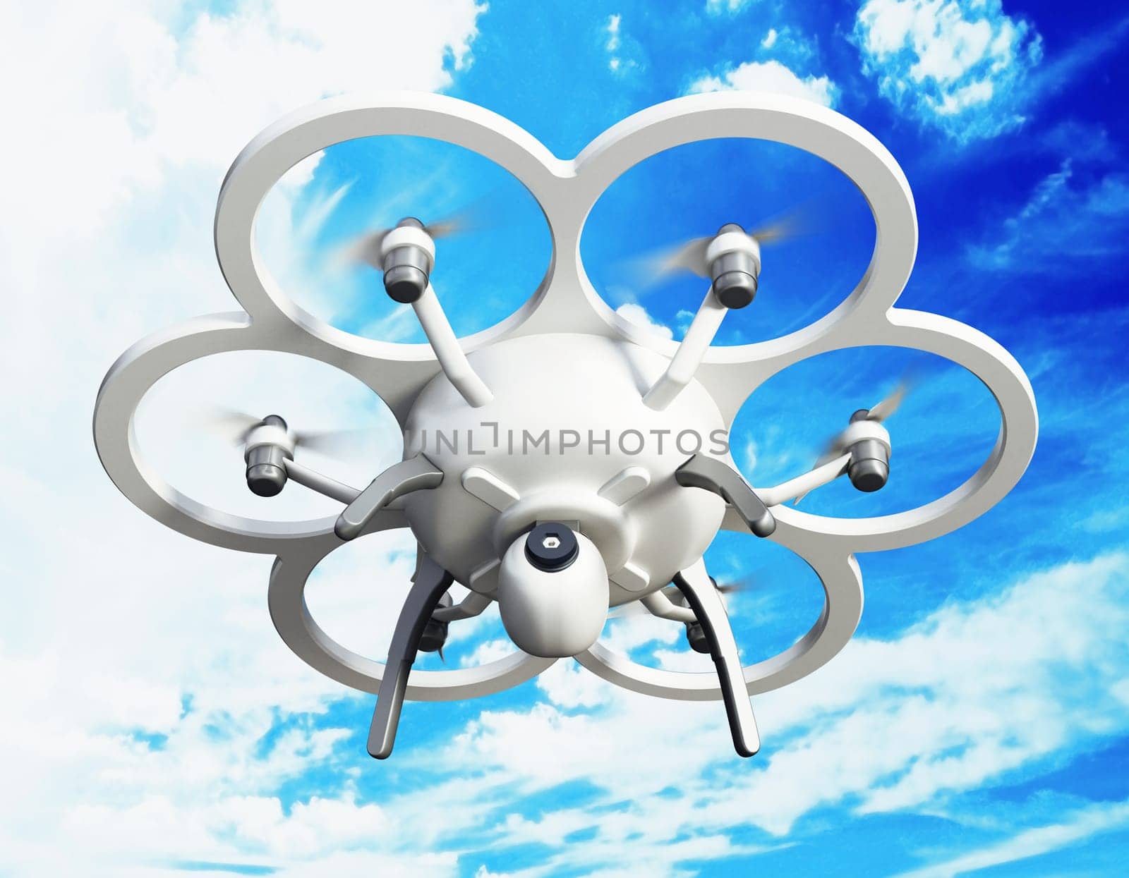 Drone with six propellers on blue background