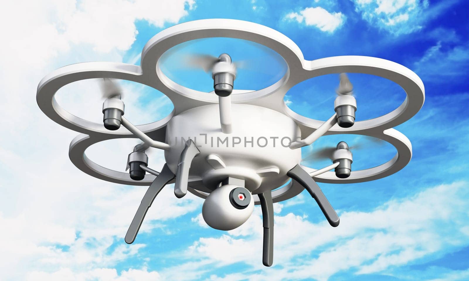 Drone with six propellers on blue background