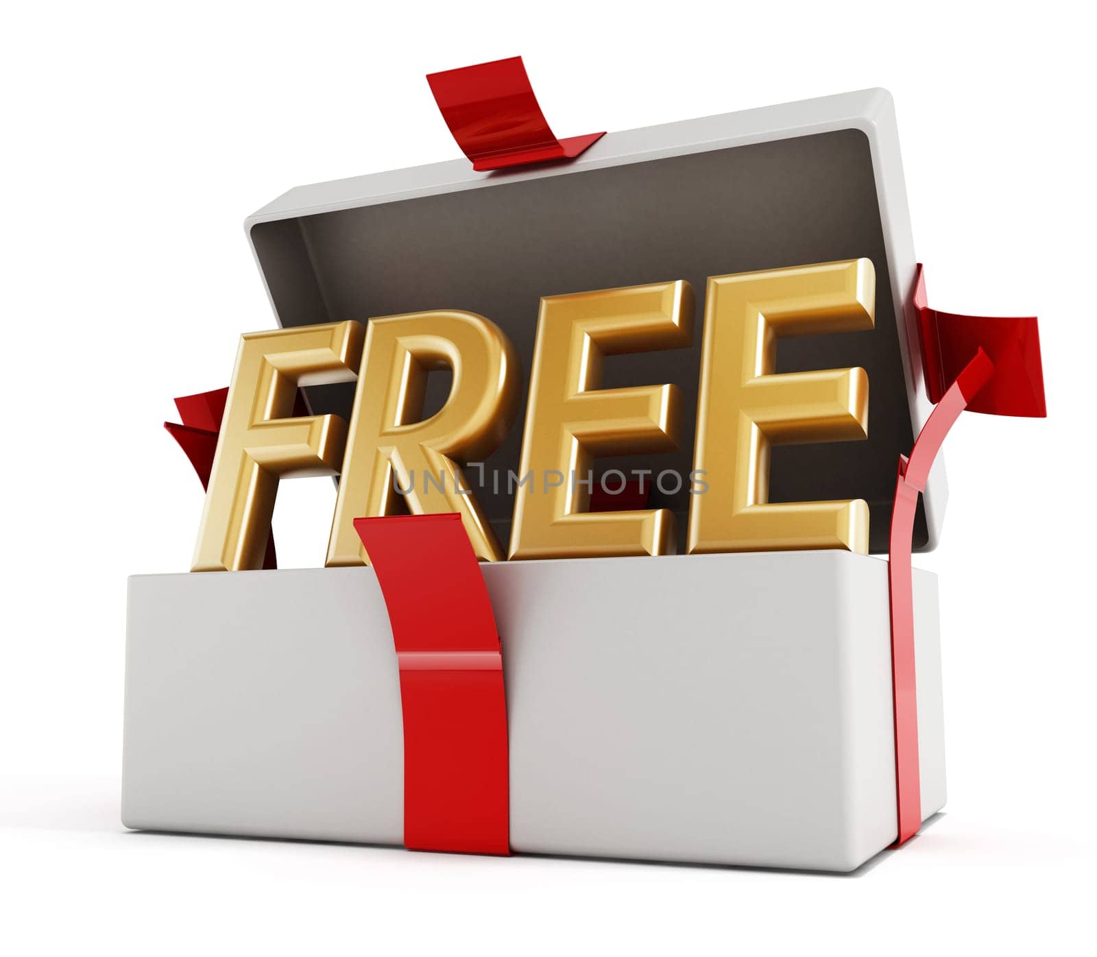 Free word inside half open gift package isolated on white background