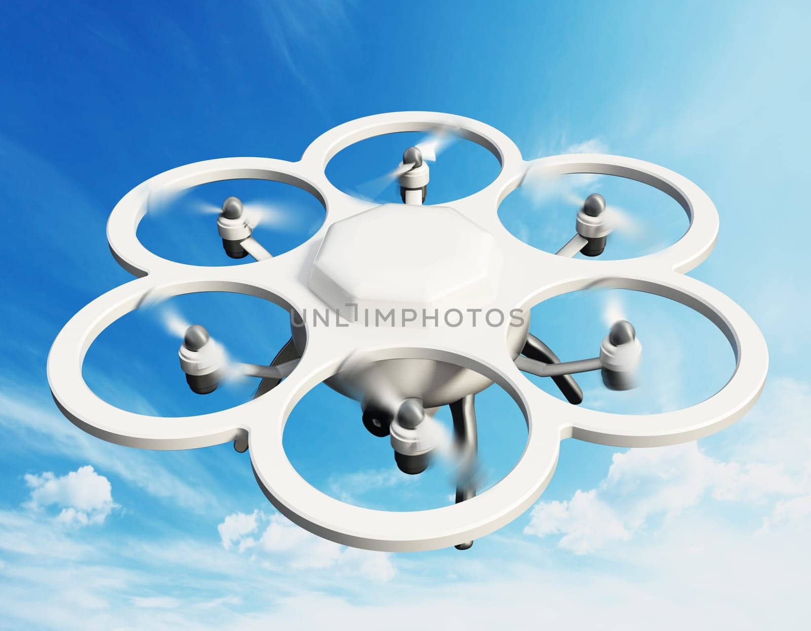 Drone with six propellers on blue background