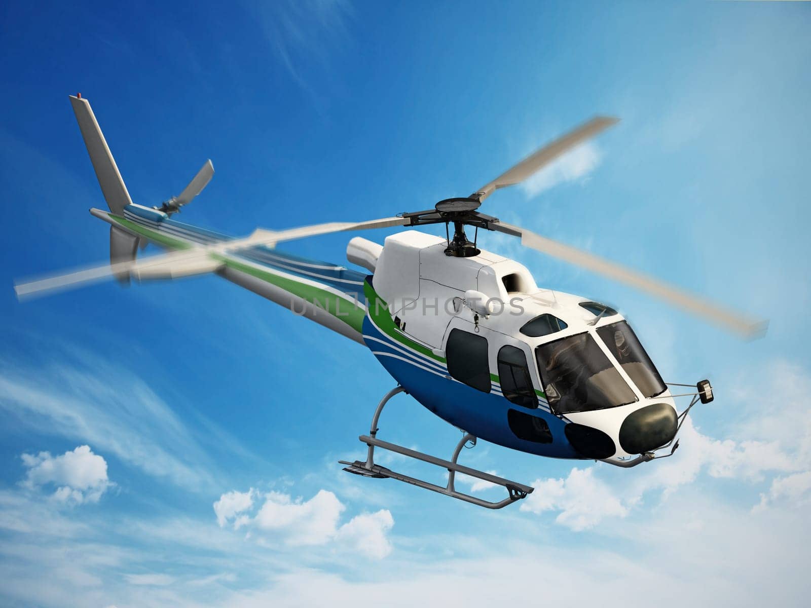 Helicopter flying through the sky