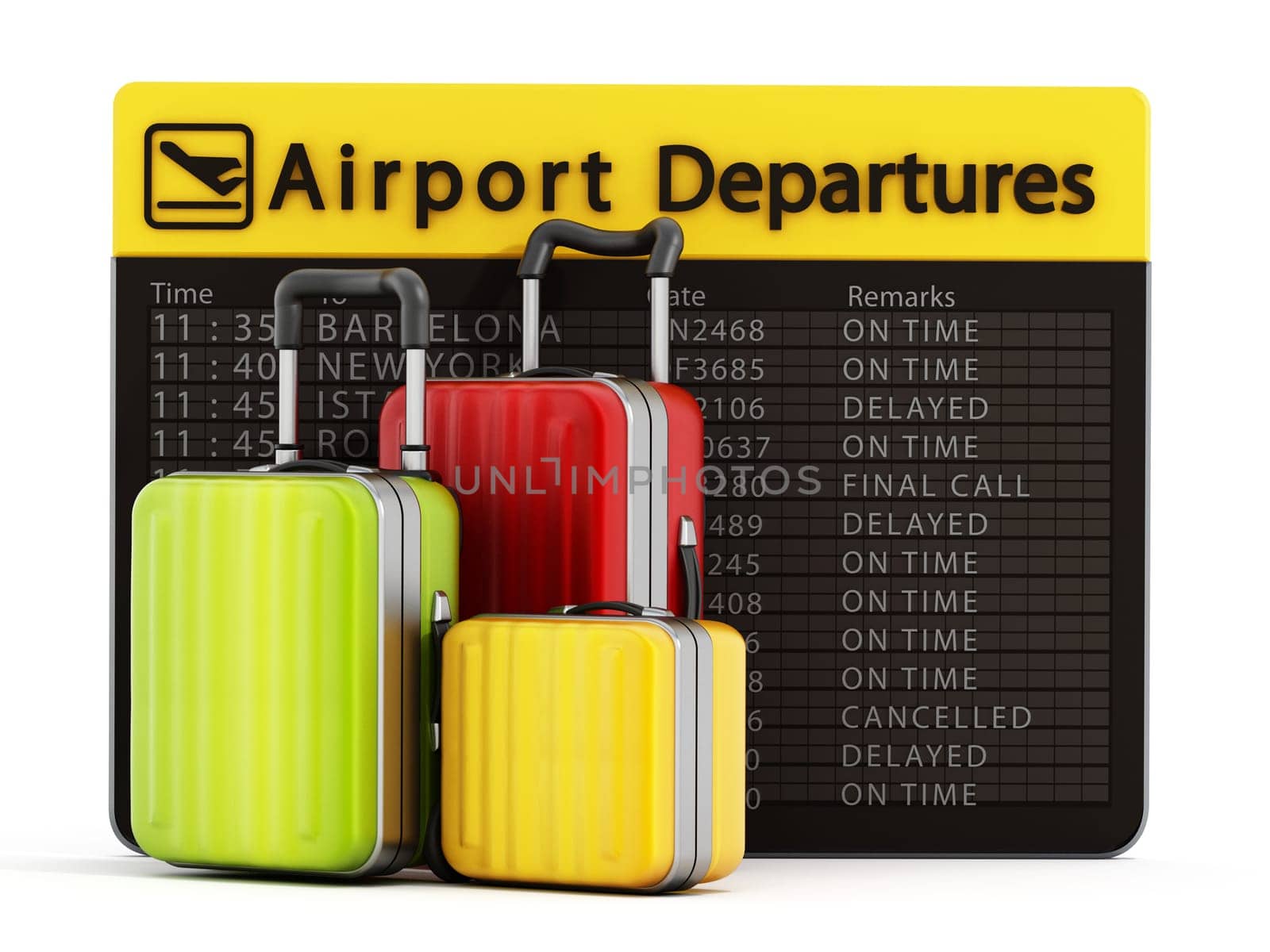 Airport departure board and suitcases isolated on white background
