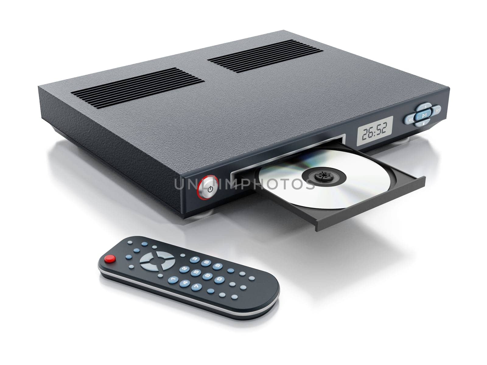 Blu-ray player with open disc tray and remote controller