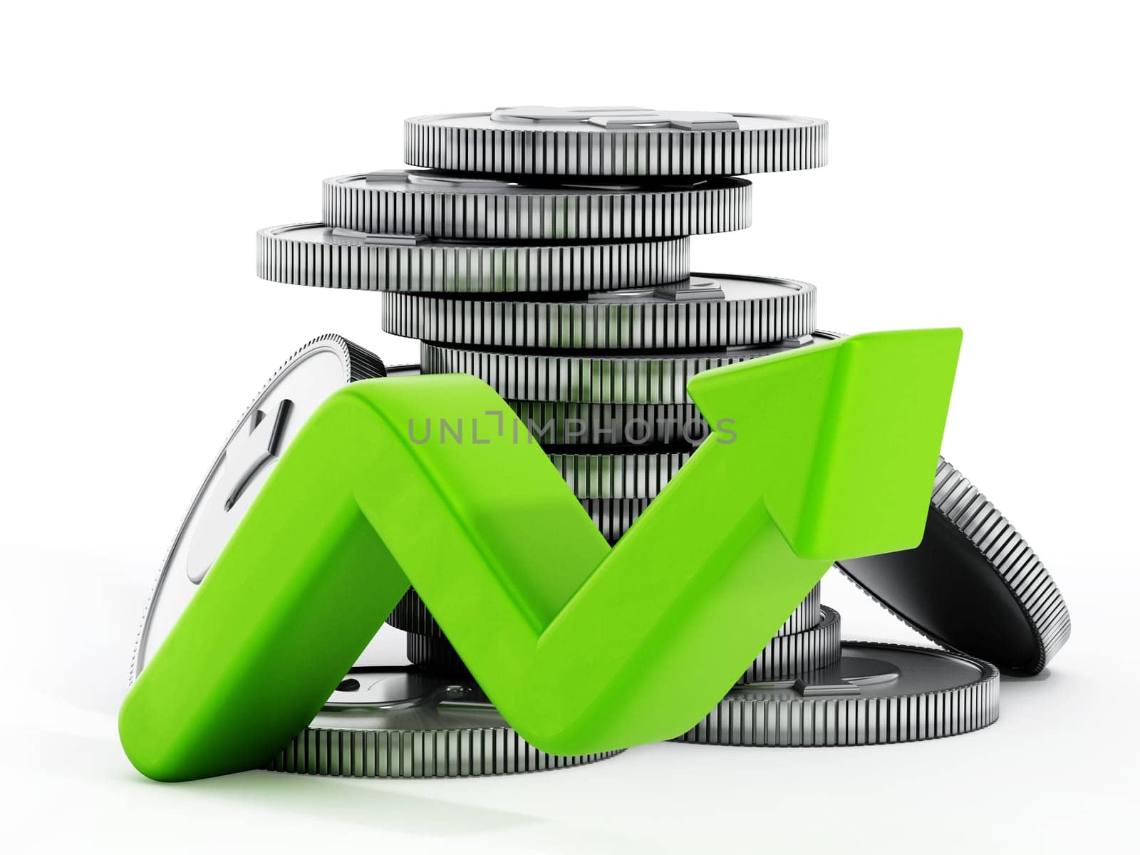 Coin stack with rising arrow isolated on white background