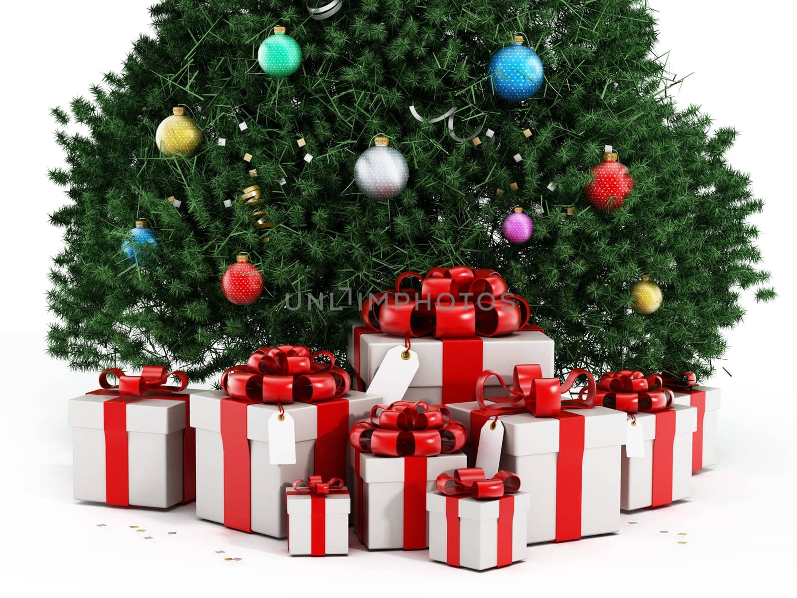 Christmas tree and giftboxes isolated on white background.