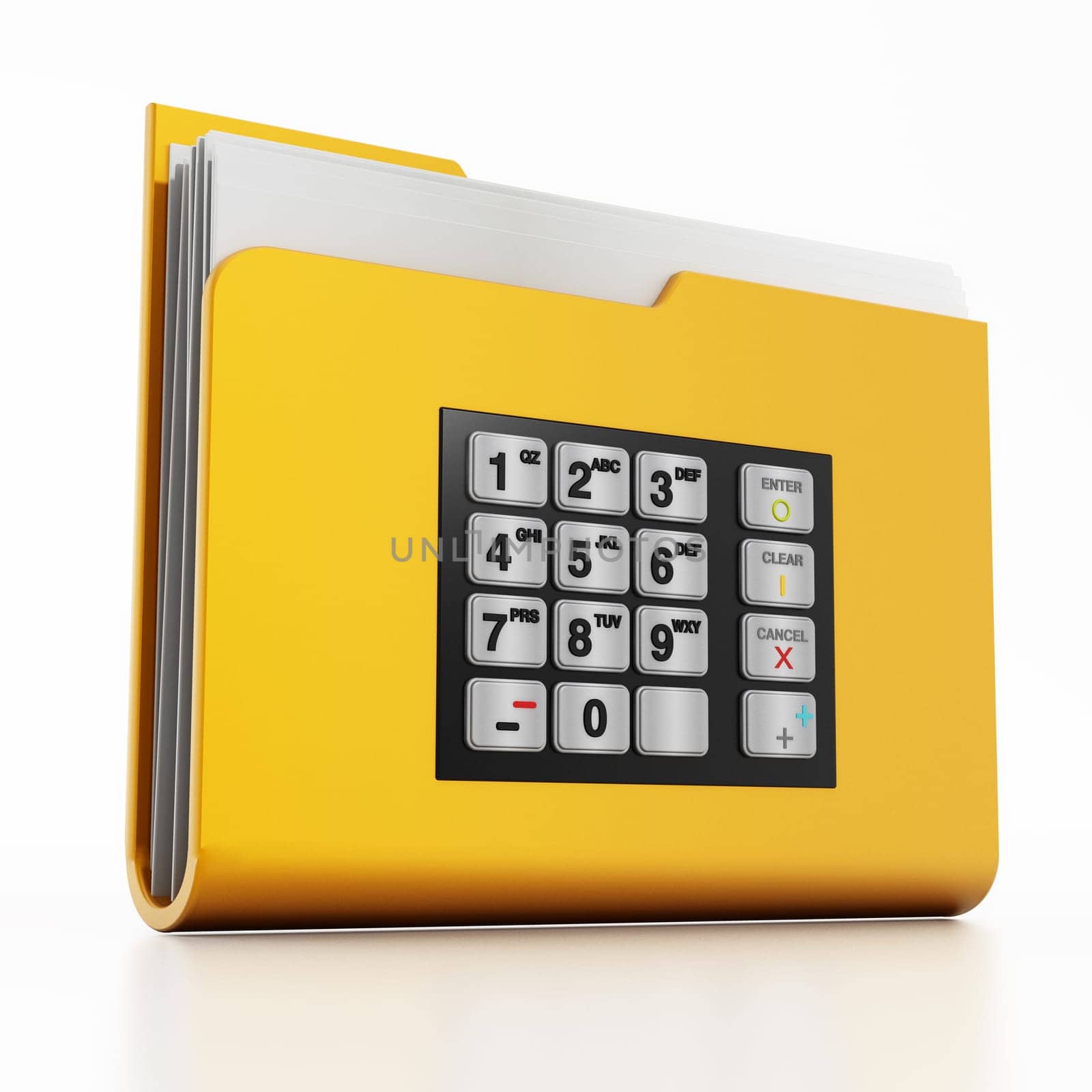 ATM keypad on folder icon with documents isolated on white background