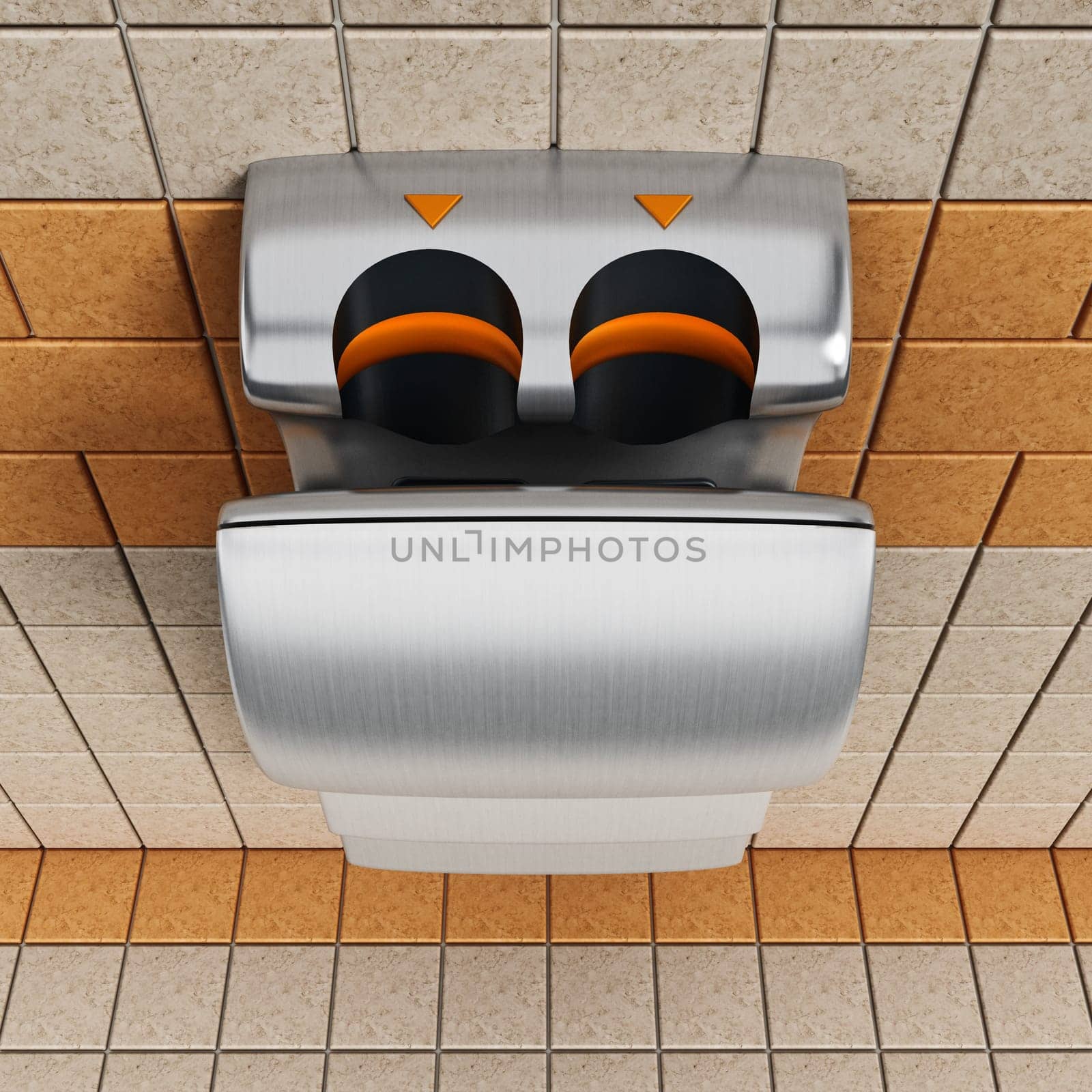 Hand dryer hanging on the public restroom wall
