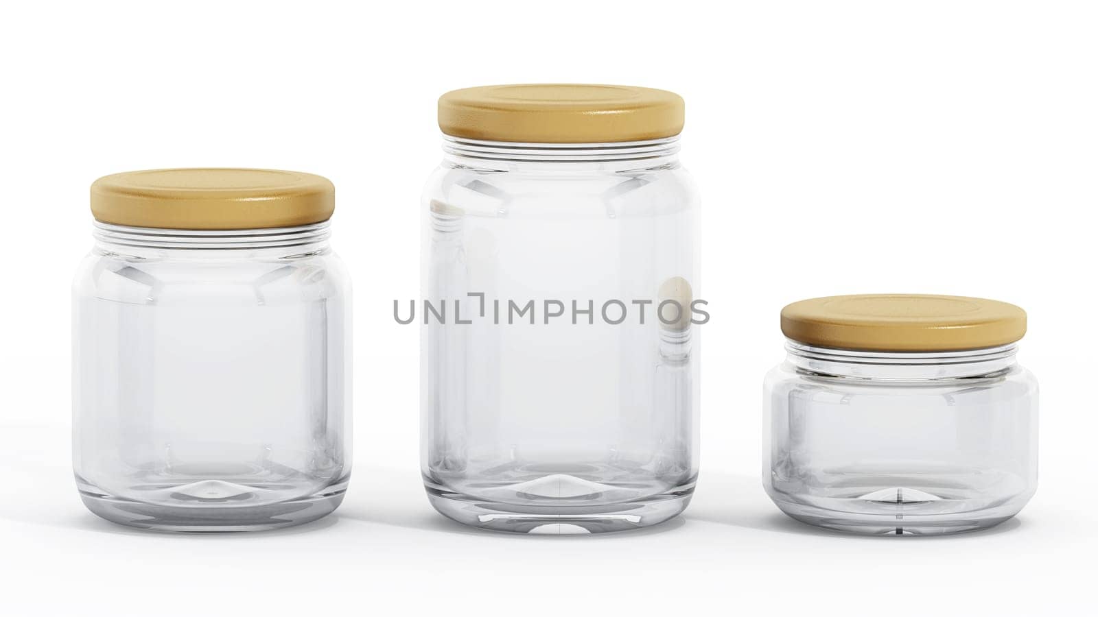 Glass jars with red lids isolated on white background