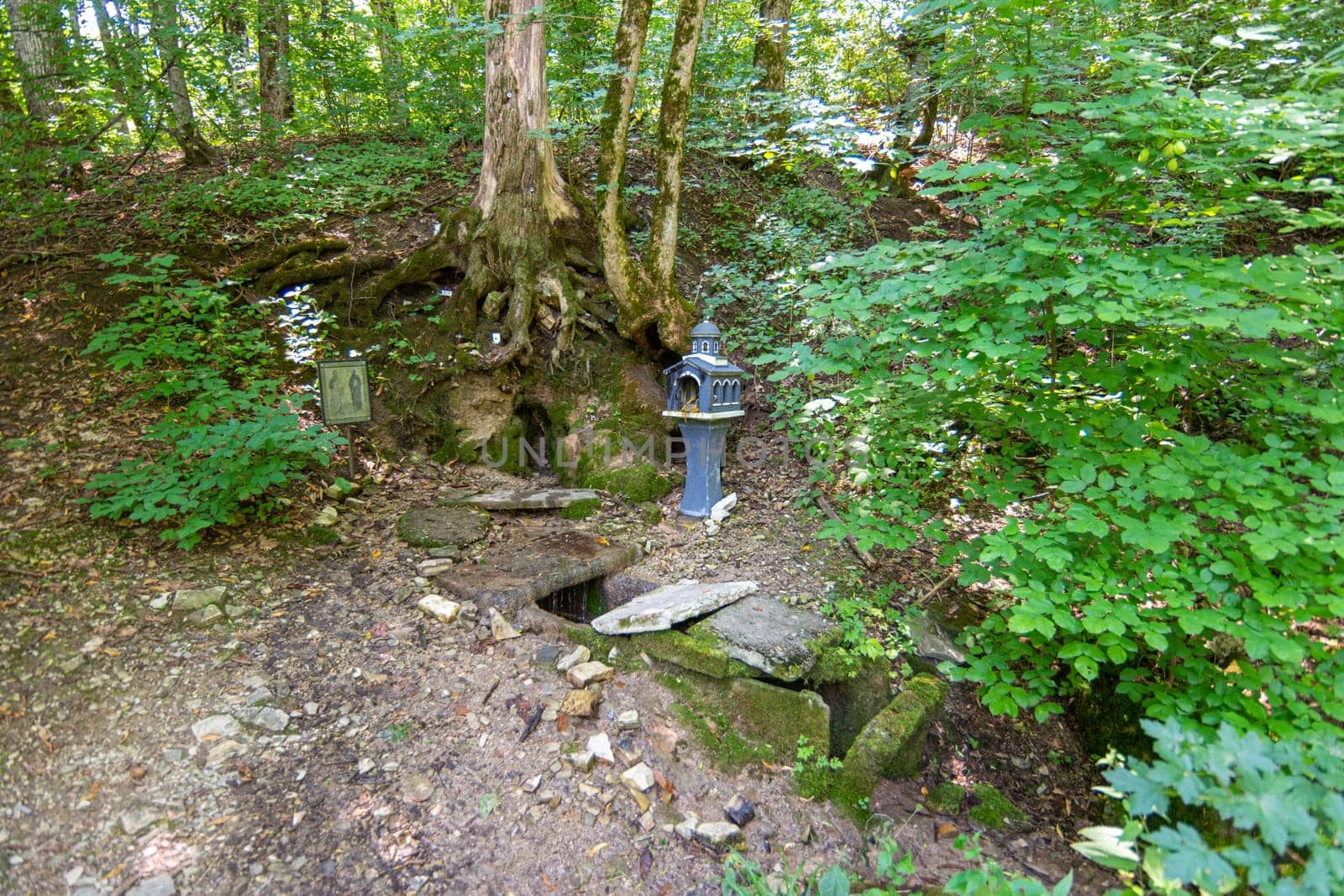 Neberdzhaevskaya, Russia - July 24, 2021: One of the sources of the complex of springs "Holy handle"" in the Krymsky district of the Krasnodar Territory, not far from the village of Neberdzhaevskaya"