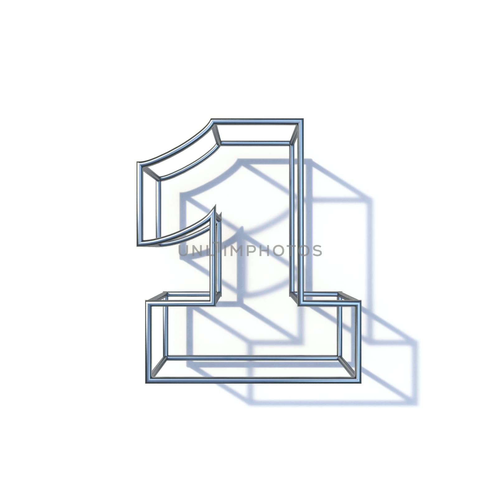 Steel wire frame font Number 1 ONE 3D render illustration isolated on white background