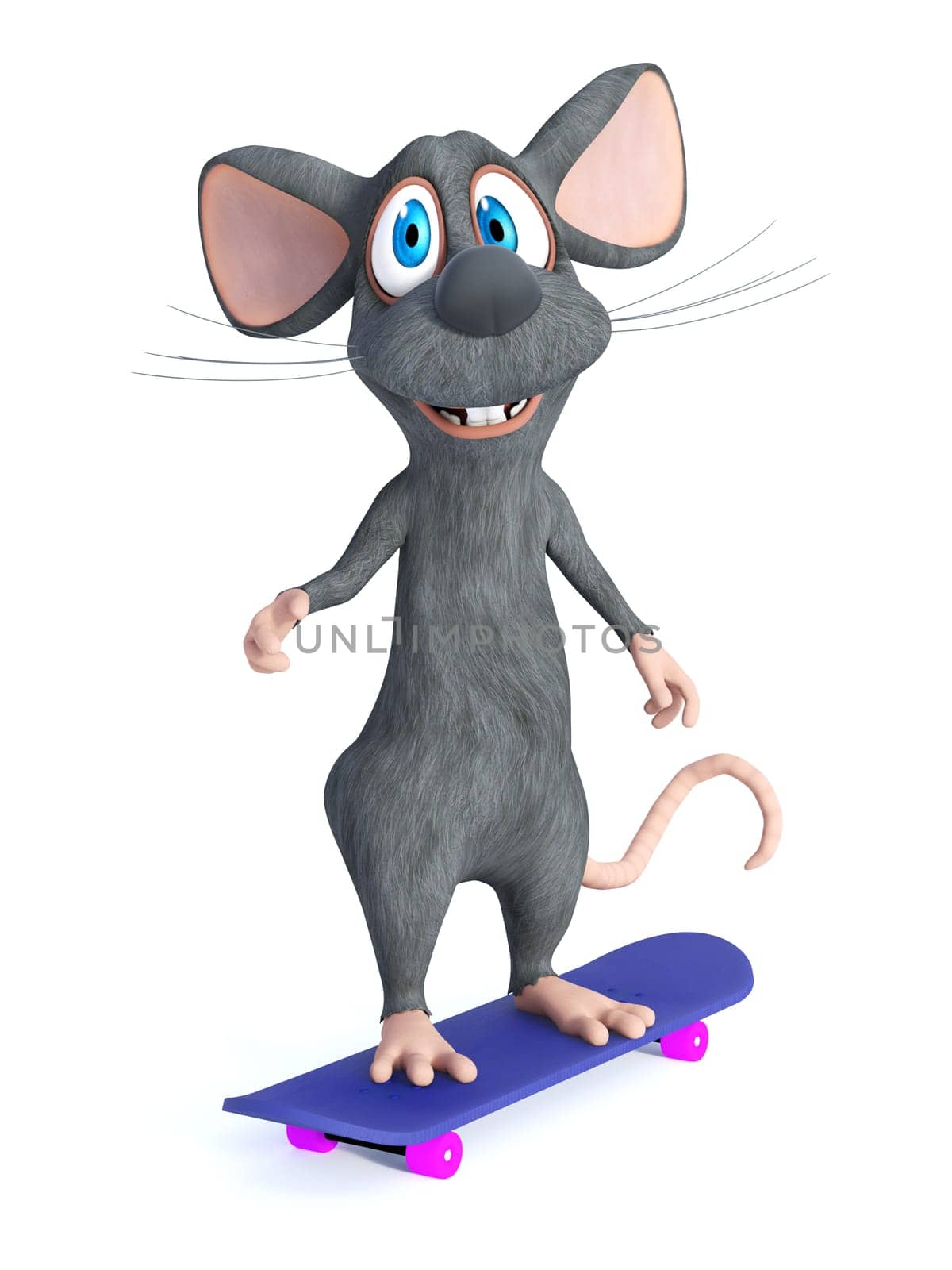 3D rendering of a cute smiling cartoon mouse standing on a skateboard he's riding. White background.