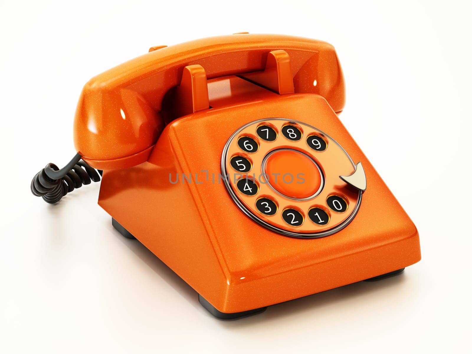 Orange retro rotary phone isolated on white background. 3D illustration.