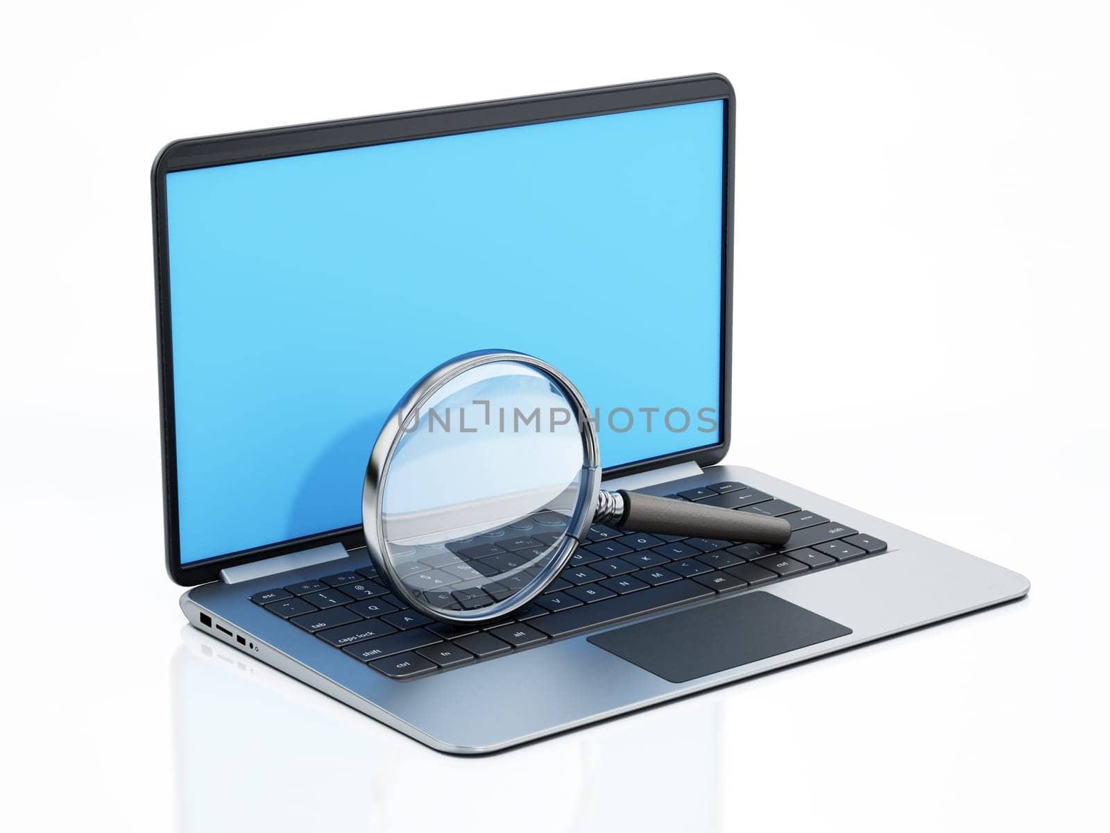 Laptop computer with magnifying glass isolated on white background. 3D illustration.
