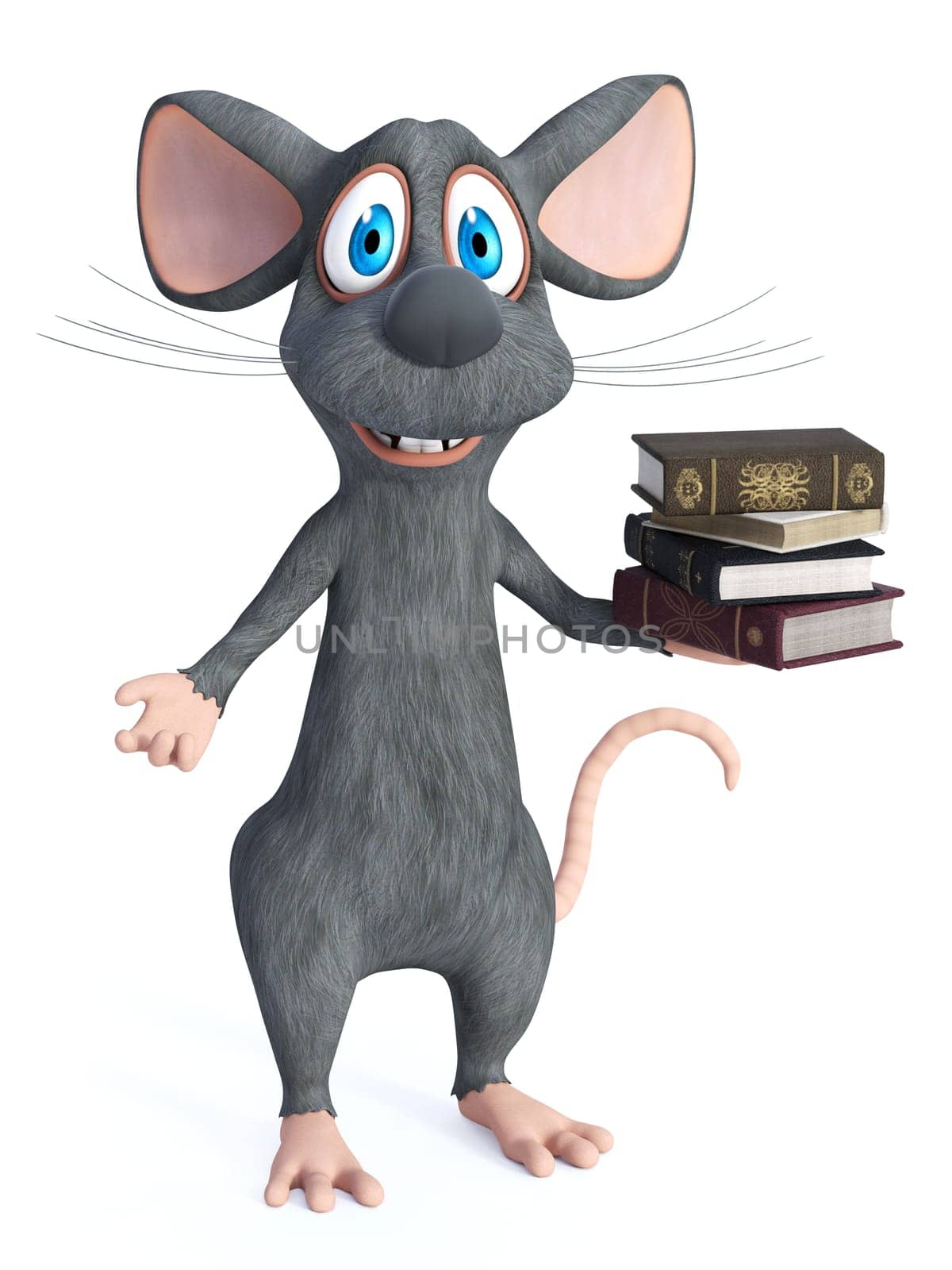 3D rendering of a cute smiling cartoon mouse holding a pile of books in its hand. White background.