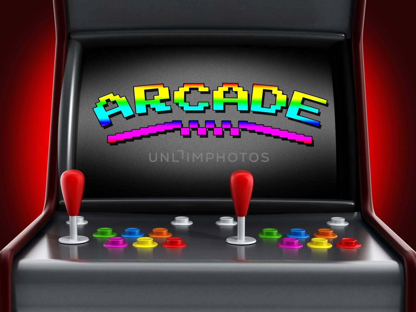 Vintage arcade machine with joysticks and push buttons for two people.