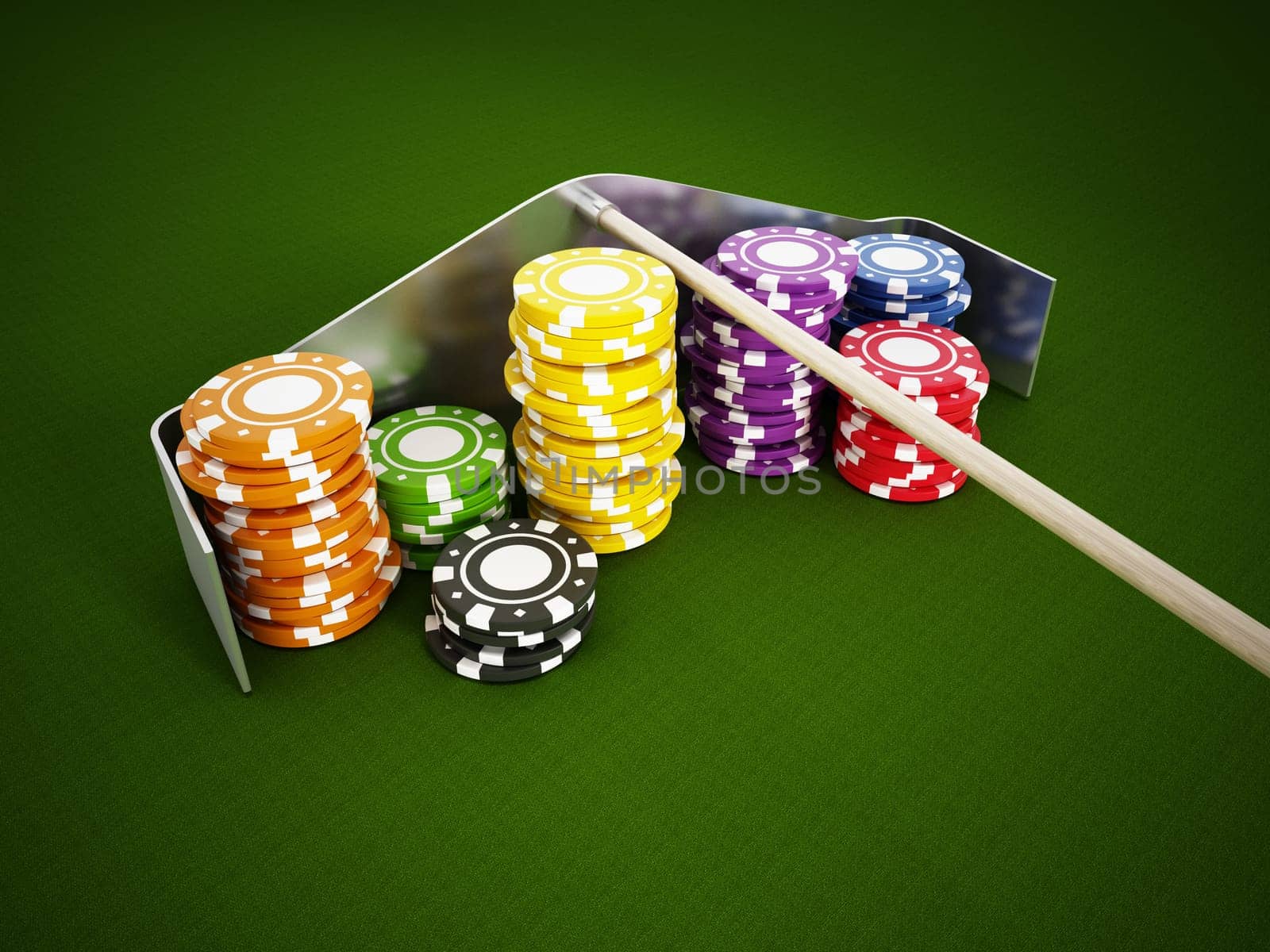 Casino chips standing on green cloth.