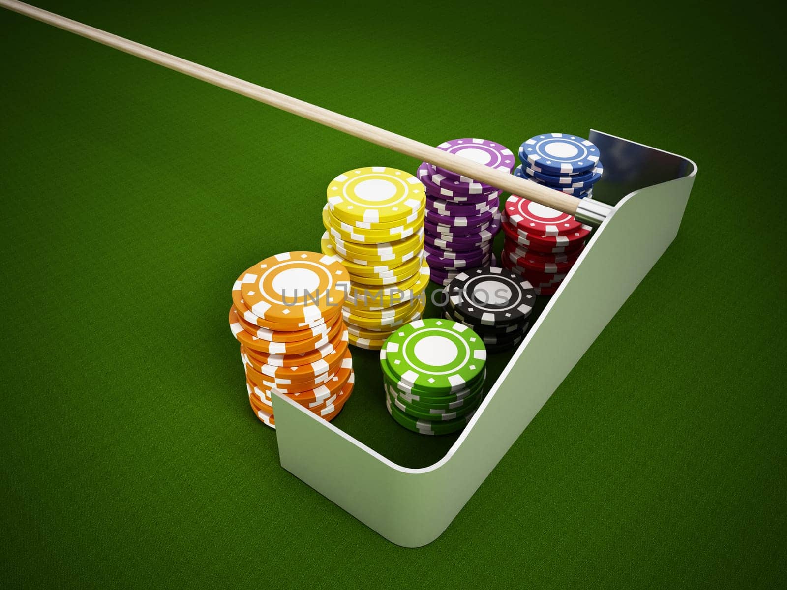 Casino chips standing on green cloth.