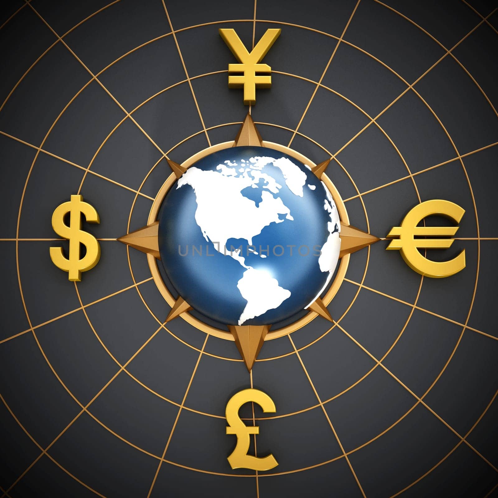 Dollar, Euro, Yen and Pound symbols around the blue globe