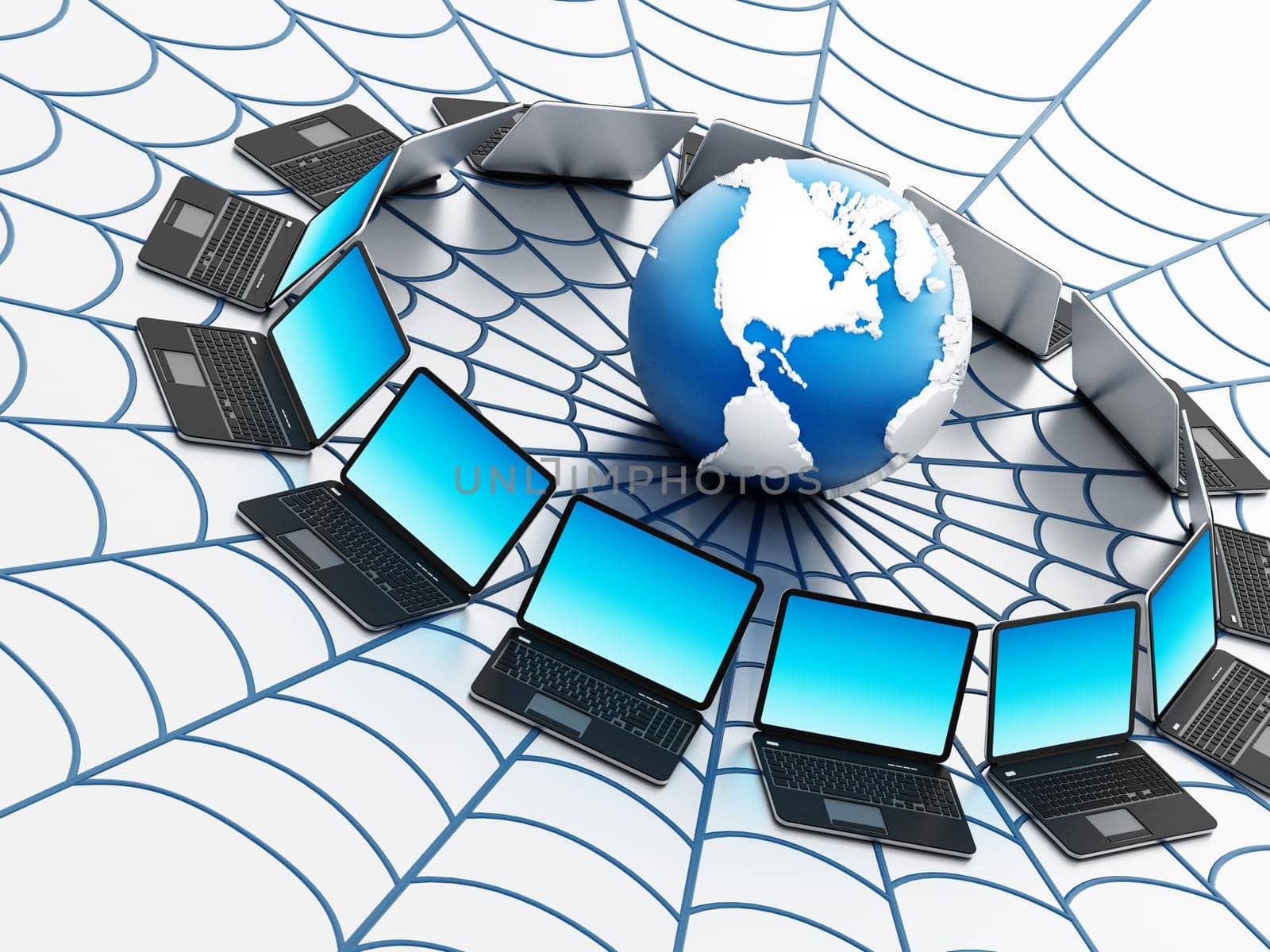 Global computer network with a spider web isolated on white background