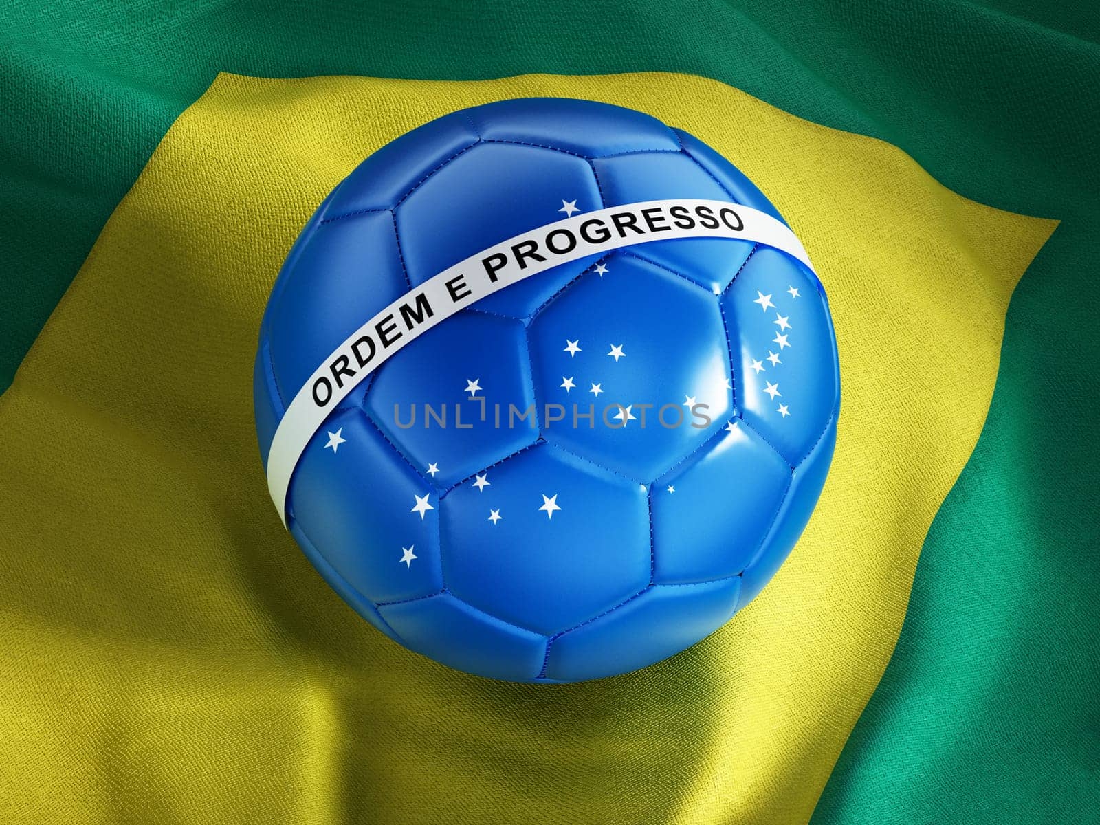 Blue soccer ball on Brazil flag.