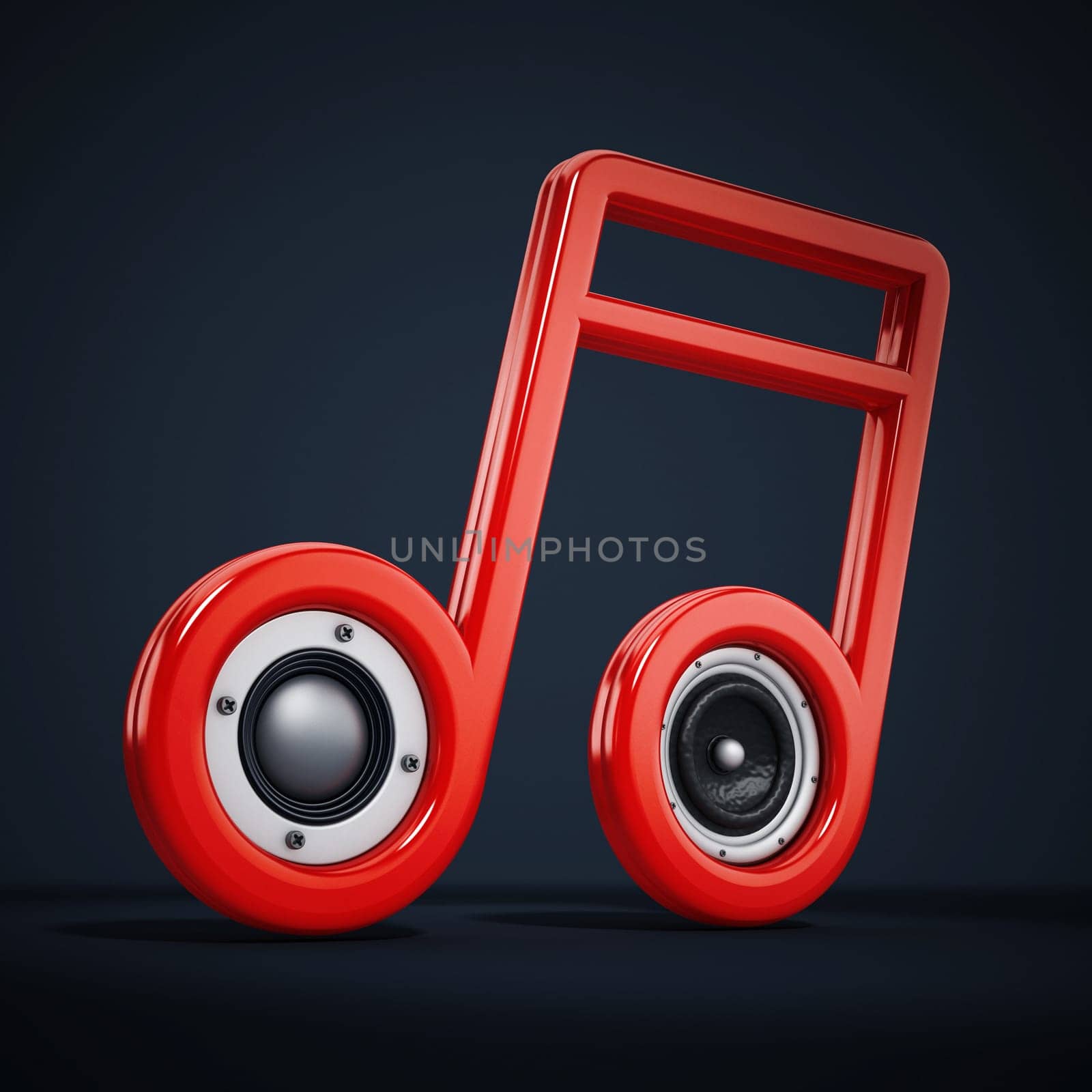 Musical note with speakers isolated on black background