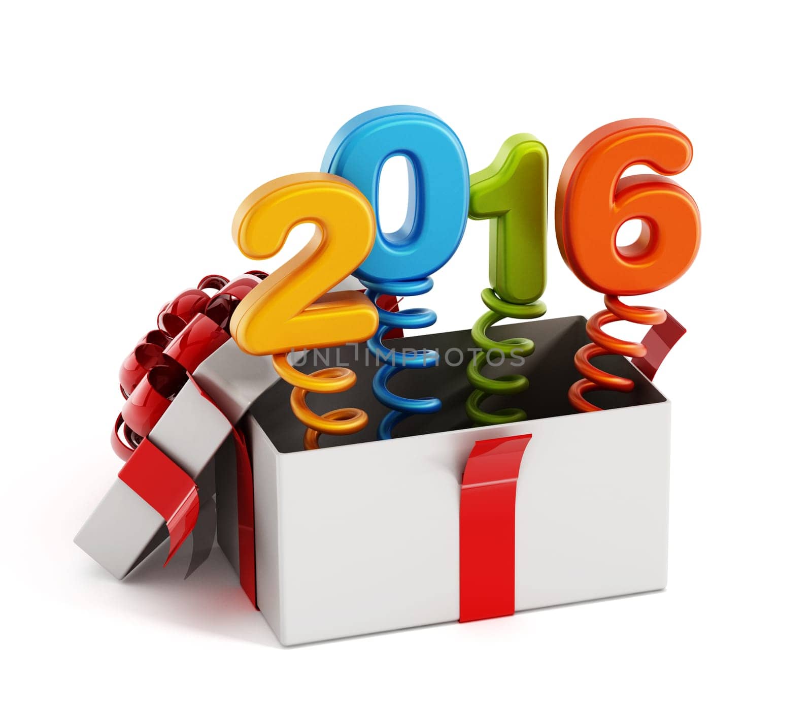 Number 2016 popping out of the giftbox isolated on white background.