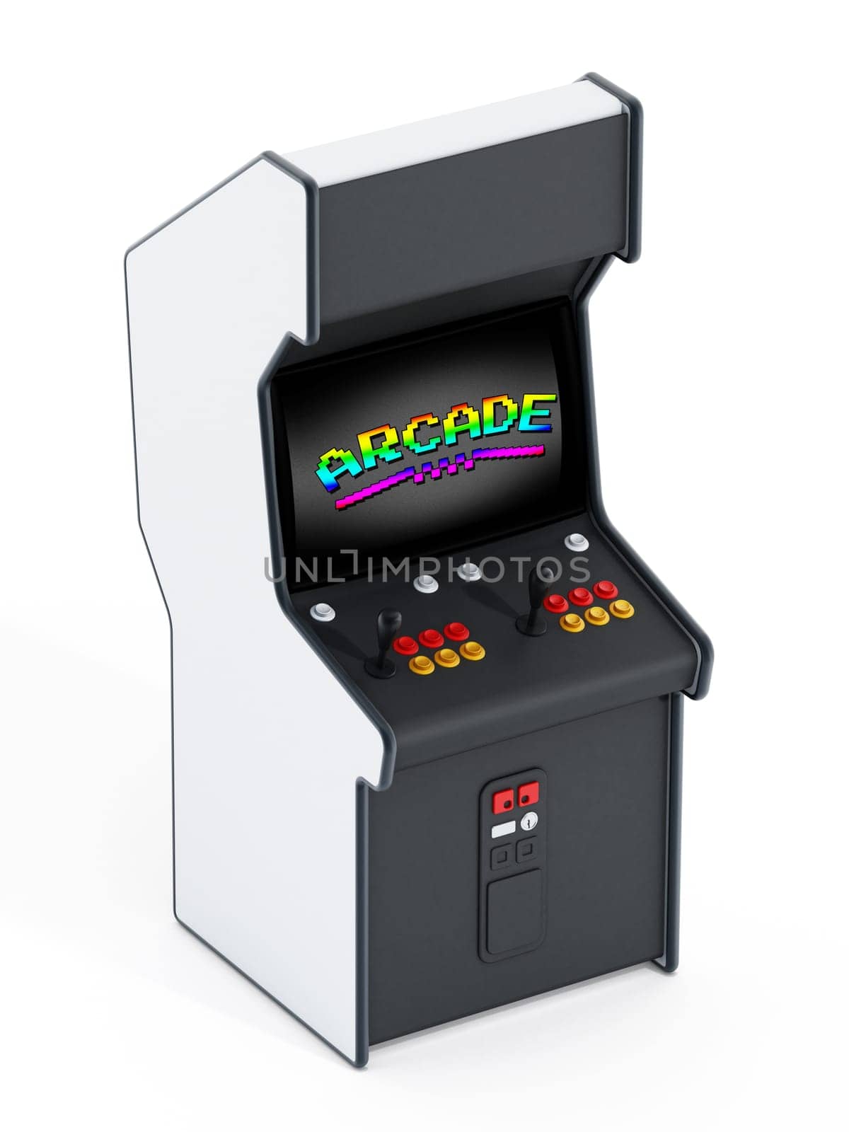 Vintage arcade machine with joysticks and push buttons for two people.