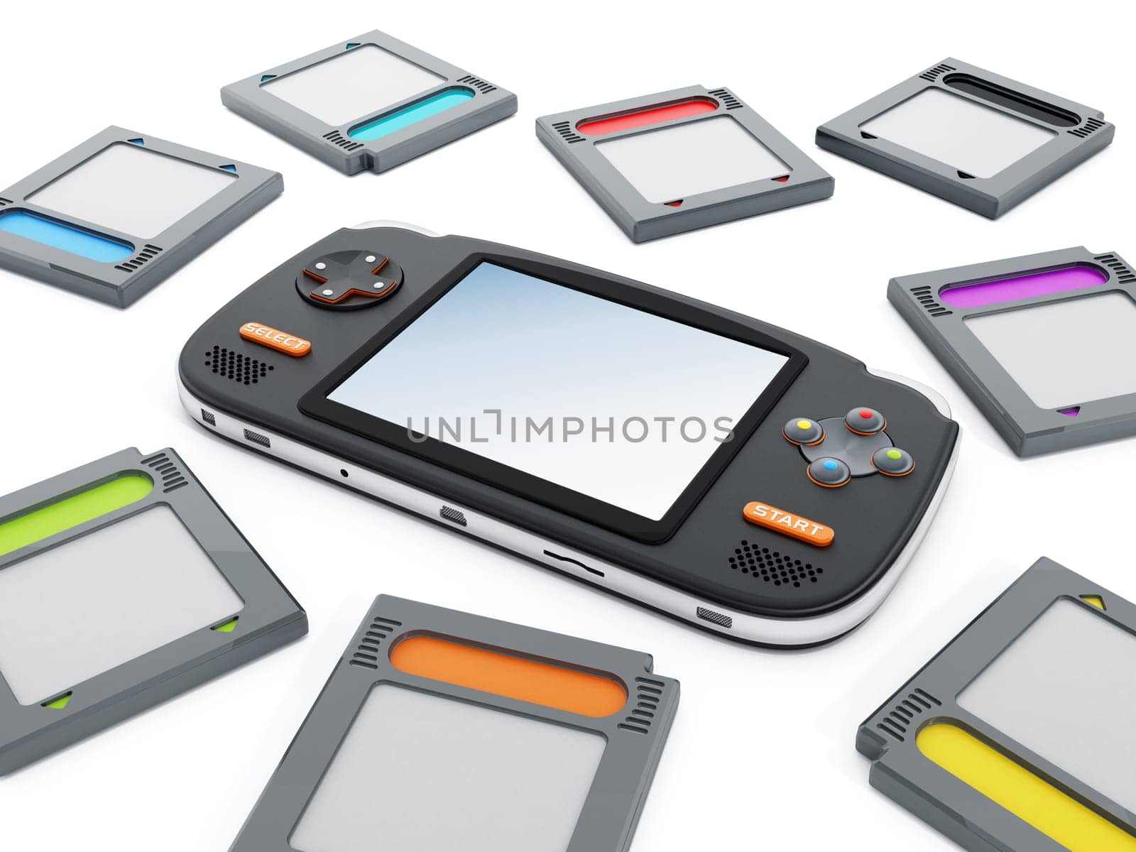 Handheld video game device and retro game cartridges.