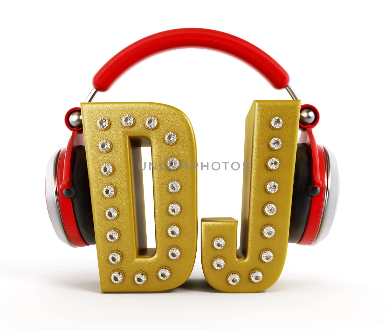 Red headphones on gold DJ word isolated on white background.