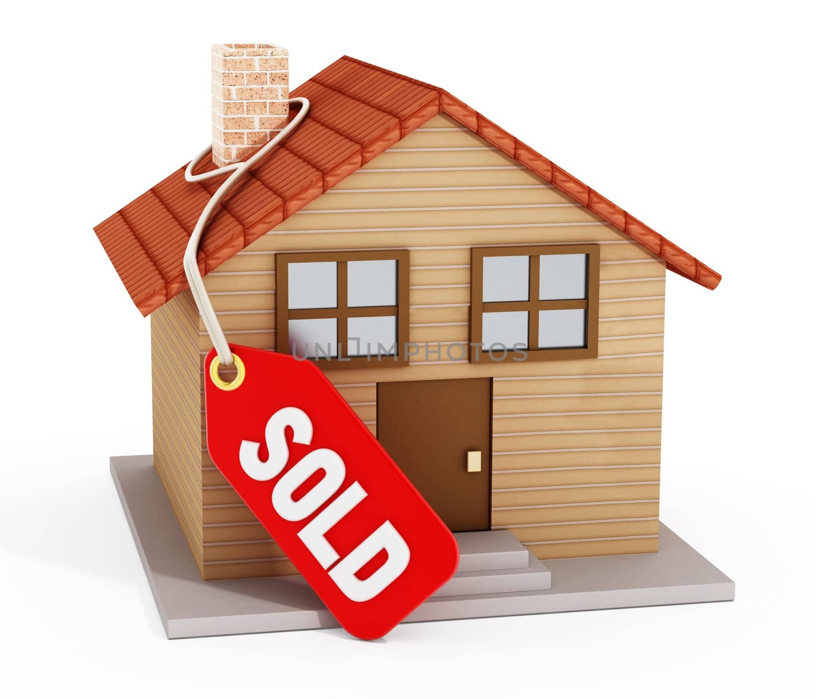 House with sold tag isolated on white background.