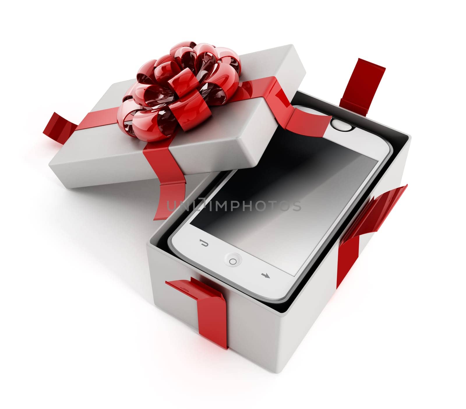 Smartphone inside giftbox isolated on white background