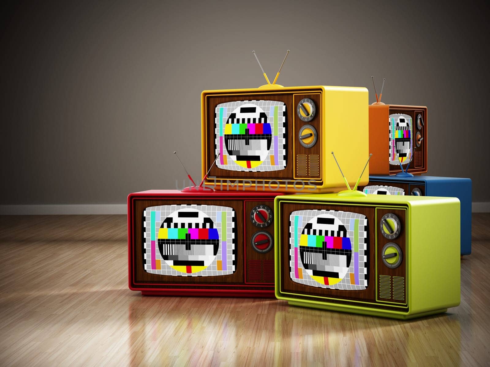 Vintage televisions with test screens standing on wood