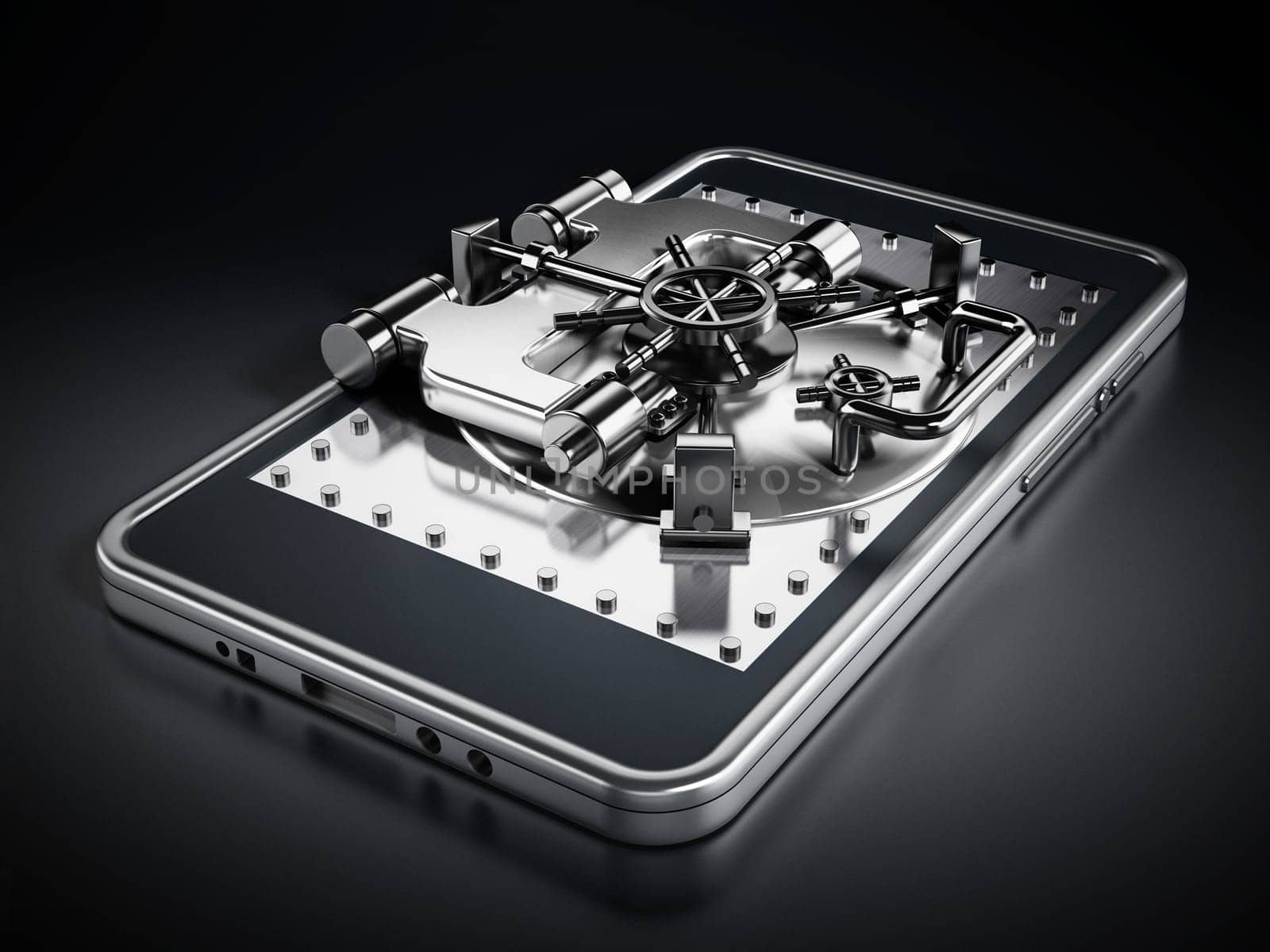 Silver vaulted safety door on smartphone screen on black background.