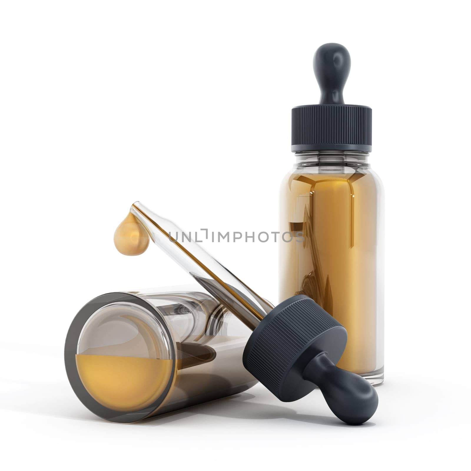 Perfume droppers containing yellow liquid isolated on white background