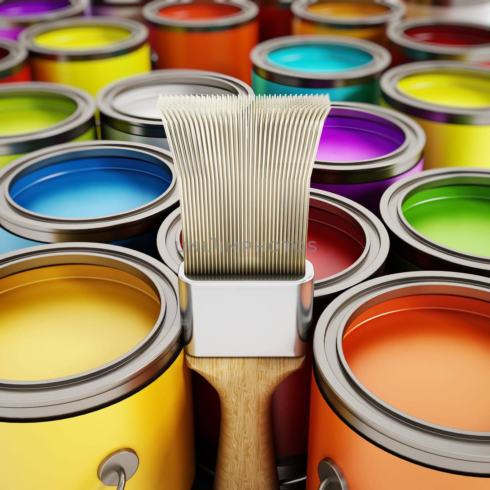 Paintbrush and multicolored paint cans