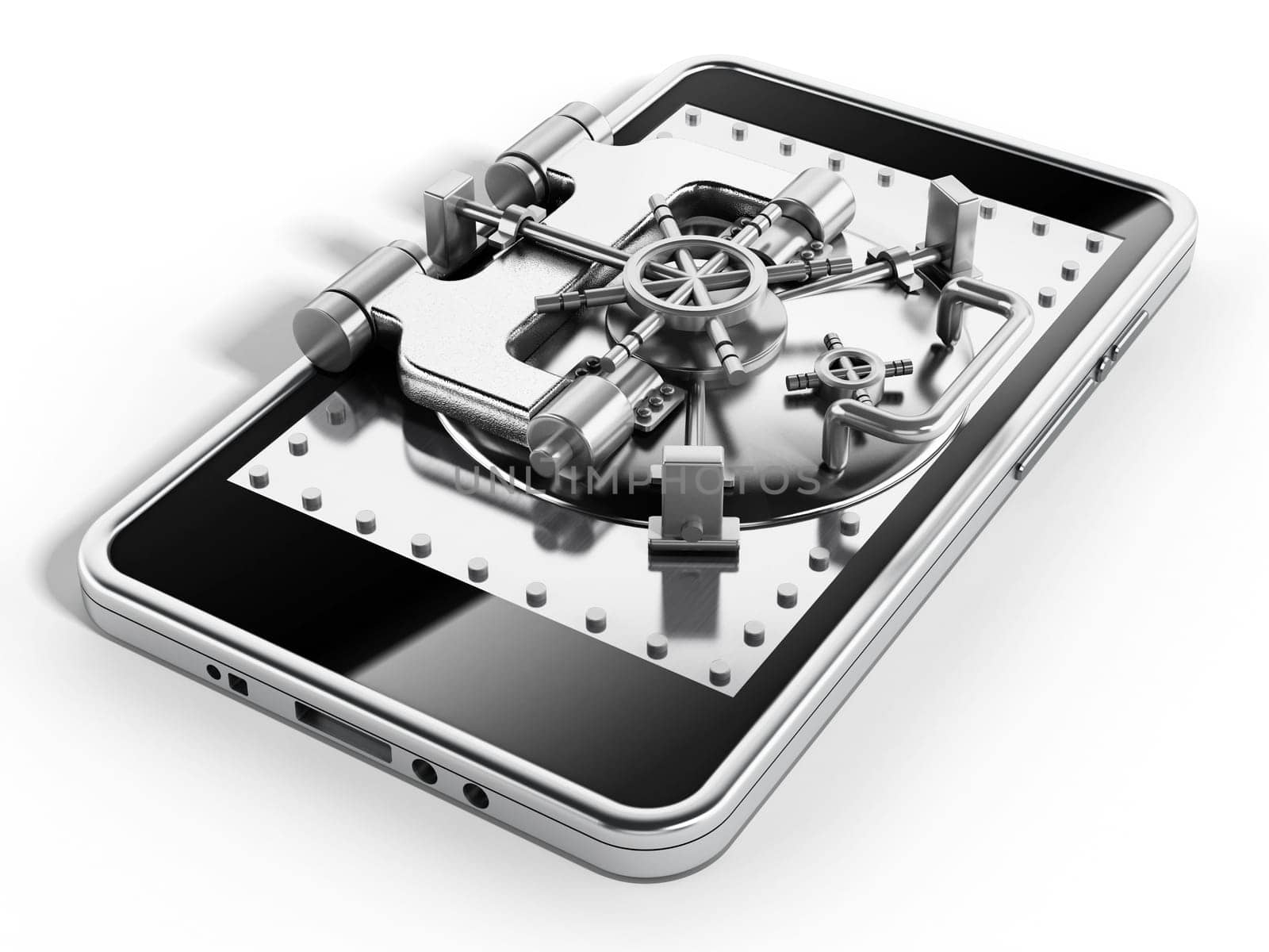 Silver vaulted safety door on smartphone screen isolated on white background.