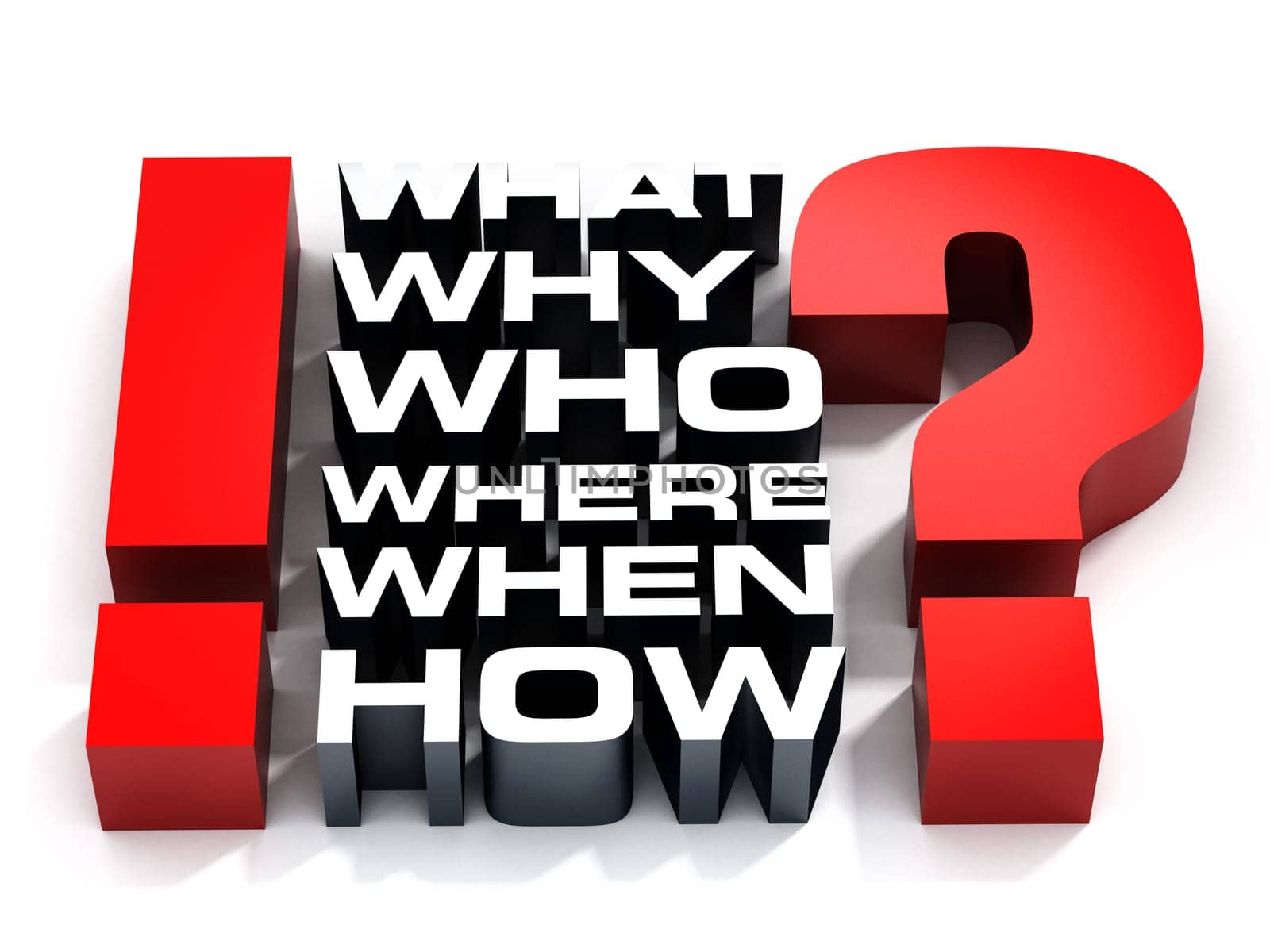 Question words, question and exclamation marks on white background.